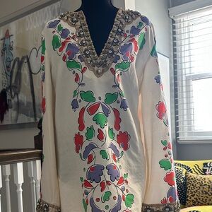 Embellished V-Neck Floral Tunic — Cream with Green, Red & Lavender